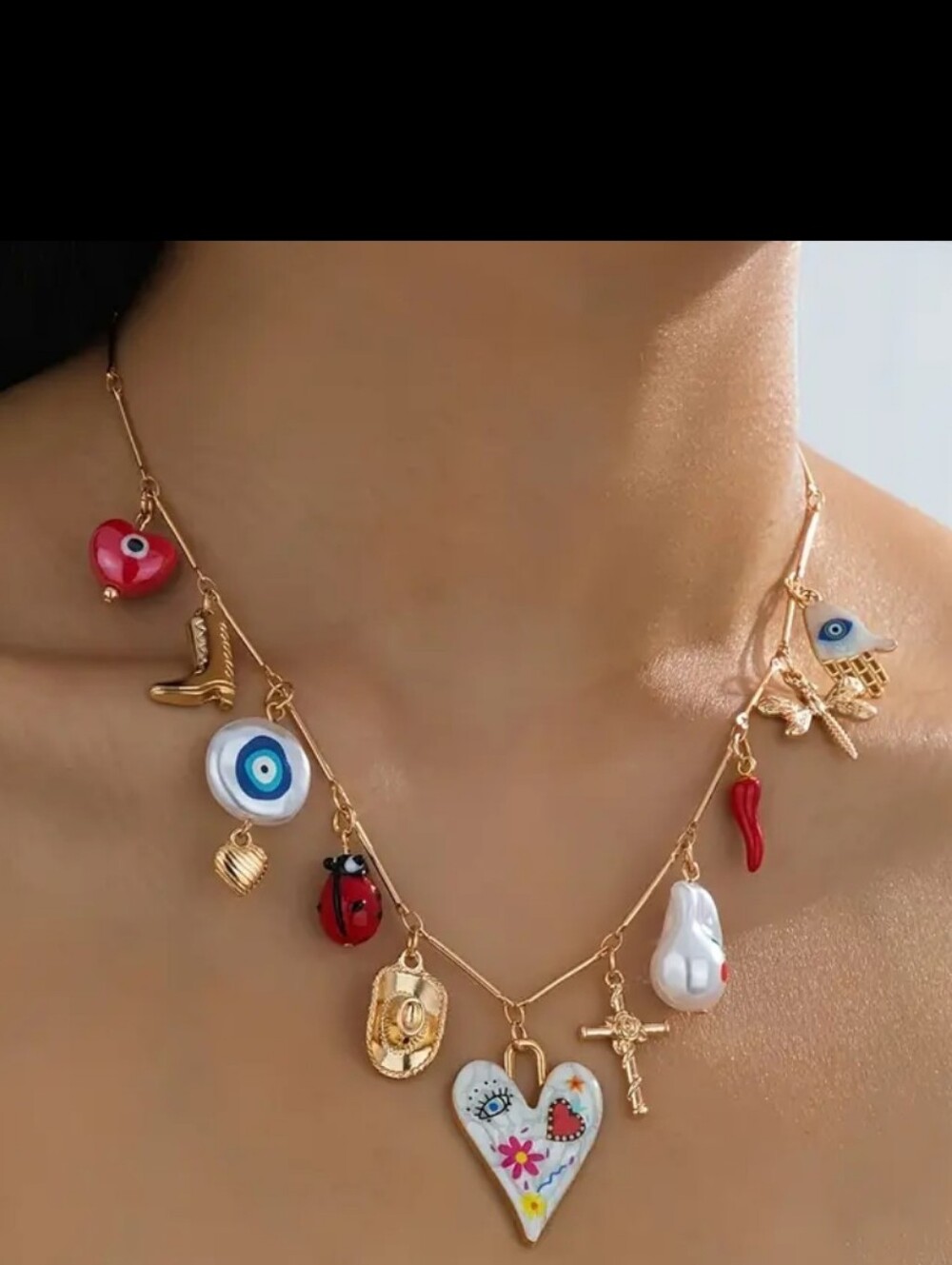 Gold-Tone Multi Trendy charm Necklace with Pearls, Hearts, Cross Accents